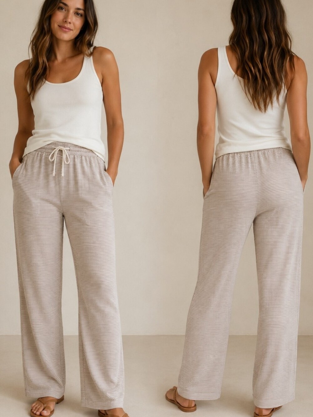 Love Tree Beige Striped Wide Leg Drawstring Pants Coastal Size S